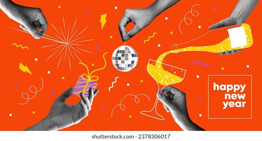 Happy new year 2024 design. With hands holding disco ball, champagne and sparkler. Colorful collage style illustrations. Vector design for poster, banner, greeting and new year 2024 celebration.