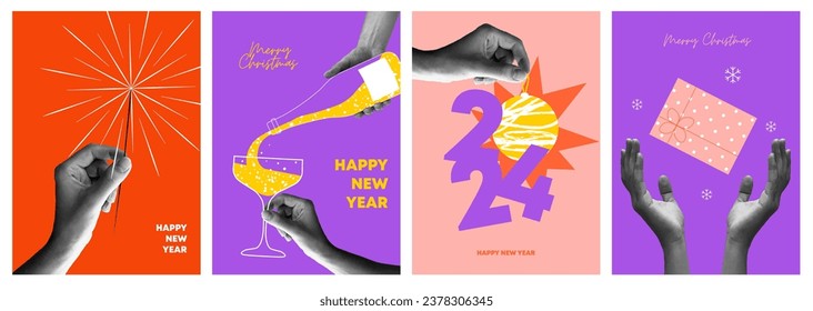 Happy new year 2024 design. Hands holding New Year's toy, gift, champagne and sparkler. Colorful collage style illustrations. Vector design for poster, banner, greeting and new year 2024 celebration.