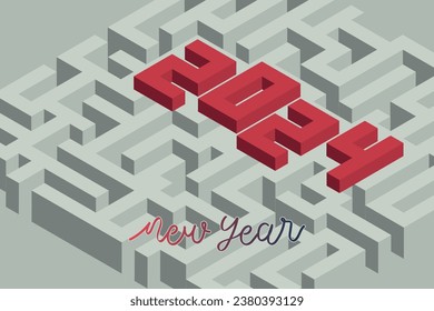 Feliz diseño de Año Nuevo 2024. Con ilustraciones vectoriales de forma Laberinto o de laberinto.