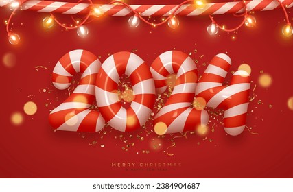 Feliz diseño de Año Nuevo 2024 a partir de números de caramelos. Fondo rojo de Navidad con guirnaldas realistas de luces doradas sobre bastón de caramelo, chispas doradas confetti y bokeh borroso. Ilustración del vector