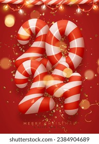 Happy New Year 2024 design from candy numbers. Christmas red background with realistic golden lights garlands on candy stick, golden sparkles confetti and blur bokeh. Vector illustration