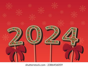 Happy new year 2024. Design of numbres on red background with snowflakes.