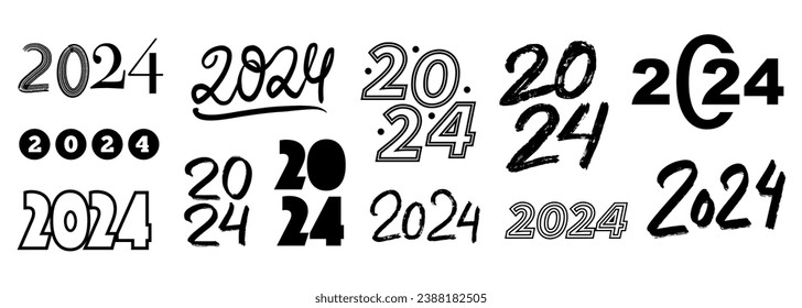 Happy new year 2024 design elements collection for banner, poster, greeting card template. Vector illustration set with cute hand drawn numbers