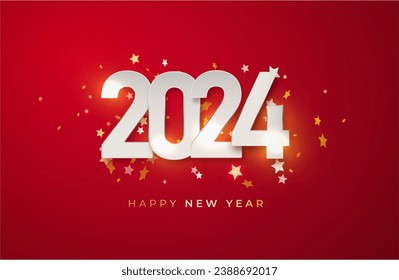 Happy new year 2024 design illustration of paper numbers on red background. Simple design happy new year 2024. Vector