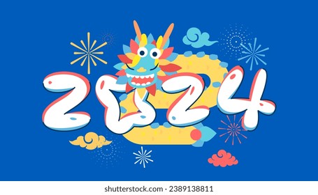 Happy New Year 2024 design with cartoon dragon and typography on abstract fireworks background for greeting card, calendar. New year of the dragon zodiac sign.