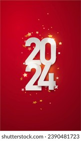 Happy new year 2024 design illustration of paper numbers on red background. Simple design happy new year 2024. Vector