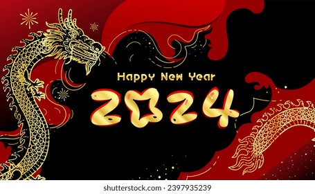 Feliz diseño de Año Nuevo 2024 con dragón dorado y tipografía sobre fondo abstracto de fuegos artificiales para tarjeta de saludo, calendario. Año nuevo del signo del dragón zodiaco.