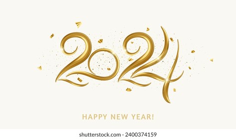 Happy new year 2024 design with shiny golden numerals with falling confetti. 2024 Golden 3d realistic number. Vector illustration