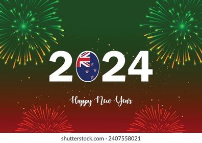 "Happy New Year 2024" Design template, New Year calendar 2024 Logo with New Zealand Flag on Red and Green Confetti, Grunge Background with Fireworks. Social Media 2024 design, Postcard, Greetings.