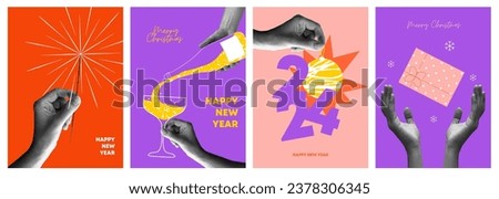 Happy new year 2024 design. Hands holding New Year's toy, gift, champagne and sparkler. Colorful collage style illustrations. Vector design for poster, banner, greeting and new year 2024 celebration. Imagine de stoc © 