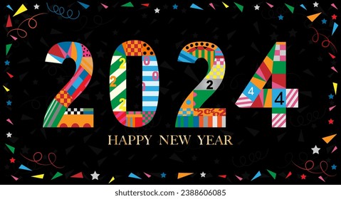 Happy new year 2024 design,Colourful geometric style on black background,Vector Typography text deco design for poster, banner,greeting,Christmas,New year 2024 celebration,Xmas Party invitation