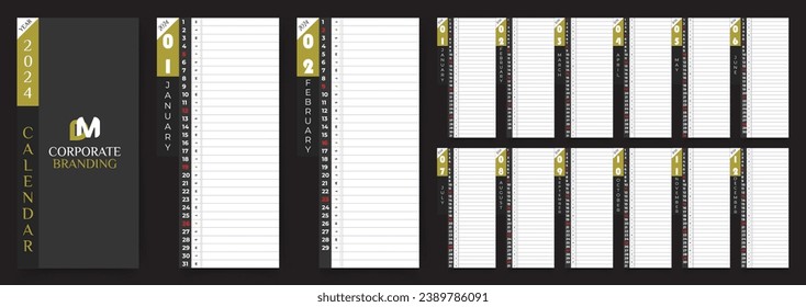 Happy New Year 2024 Desk Calendar, Wall calendar, Diary, Day Planner, event planner, meal planner, cards etc all in one corporate design set in black color backdrop. Vector eps10 fully editable.