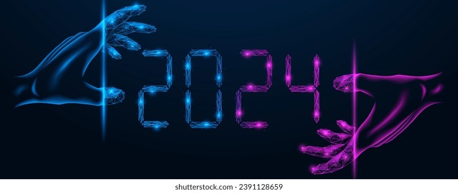 Happy New Year 2024. Digital date in hands. Polygonal design of lines and dots. Blue background.