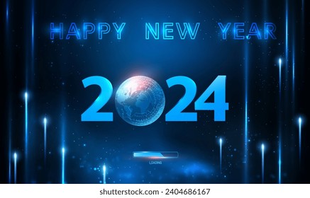 Feliz Año Nuevo 2024, concepto de tecnología futurista digital inteligente. Holograma azul de los números 2024 con el mapa del planeta Tierra.Banner digital de la web del negocio de la conexión global de Año Nuevo 2024. EPS10 vectores