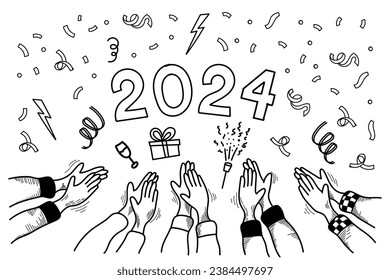 Feliz Año Nuevo 2024. manos de garabatos de la gente que está celebrando el nuevo año. aplausos y fuego. ilustración vectorial
