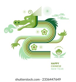 Happy new year 2024 year of the dragon. Green dragon in geometric flat modern style, isolated on white