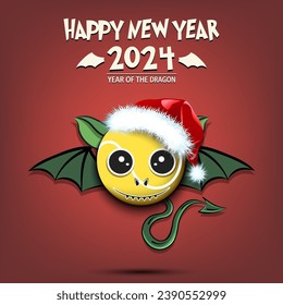 Happy New year. 2024 year of the dragon. Cute muzzle dragon in the form of a tennis ball. Tennis ball in the form of a dragon. Greeting card design template. Vector illustration