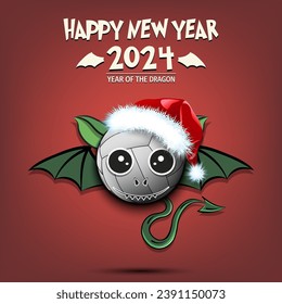 Happy New year. 2024 year of the dragon. Cute muzzle dragon in the form of a volleyball ball. Volleyball ball in the form of a dragon. Greeting card design template. Vector illustration