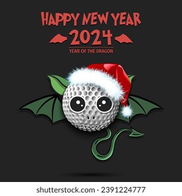 Happy New year. 2024 year of the dragon. Cute muzzle dragon in the form of a golf ball. Golf ball in the form of a dragon. Greeting card design template. Vector illustration