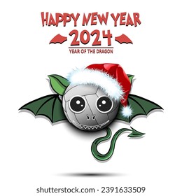 Happy New year. 2024 year of the dragon. Cute muzzle dragon in the form of a volleyball ball. Volleyball ball in the form of a dragon. Greeting card design template. Vector illustration
