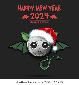 Happy New year. 2024 year of the dragon. Cute muzzle dragon in the form of a volleyball ball. Volleyball ball in the form of a dragon. Greeting card design template. Vector illustration