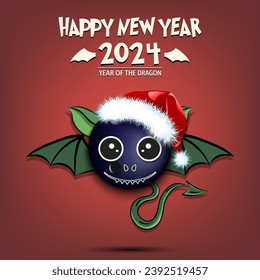 Happy New year. 2024 year of the dragon. Cute muzzle dragon in the form of a bowling ball. Bowling ball in the form of a dragon. Greeting card design template. Vector illustration