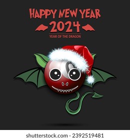Happy New year. 2024 year of the dragon. Cute muzzle dragon in the form of a billiard ball. Billiard ball in the form of a dragon. Greeting card design template. Vector illustration