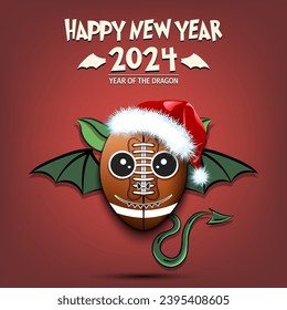 Happy New year. 2024 year of the dragon. Cute muzzle dragon in the form of a football ball. Football ball in the form of a dragon. Greeting card design template. Vector illustration