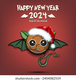 Happy New year. 2024 year of the dragon. Cute muzzle dragon in the form of a soccer ball. Soccer ball in the form of a dragon. Greeting card design template. Vector illustration