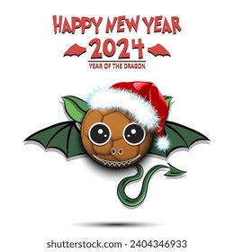 Happy New year. 2024 year of the dragon. Cute muzzle dragon in the form of a soccer ball. Soccer ball in the form of a dragon. Greeting card design template. Vector illustration