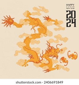 Feliz año nuevo 2024, Año del dragón, Feliz año nuevo lunar 2024, Ilustración del dragón vietnamita. 