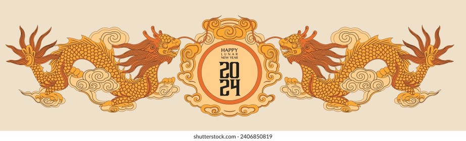 Happy new year 2024, Year of the dragon, Happy lunar new year 2024, Vietnamese Dragon Illustration. 