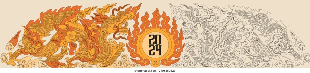 Happy new year 2024, Year of the dragon, Happy lunar new year 2024, Vietnamese Dragon Illustration. 