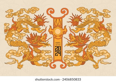 Happy new year 2024, Year of the dragon, Happy lunar new year 2024, Vietnamese Dragon Illustration. 