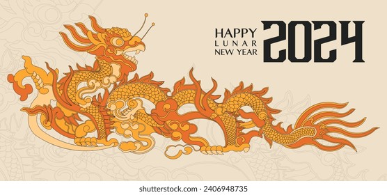 Feliz año nuevo 2024, Año del dragón, Feliz año nuevo lunar 2024, Ilustración del dragón vietnamita. 