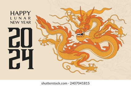 Feliz año nuevo 2024, Año del dragón, Feliz año nuevo lunar 2024, Ilustración del dragón vietnamita. 