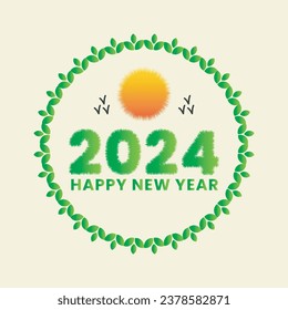 Happy new year 2024 drawing vector illustration design with sun,flowers and flying birds.Holiday celebration 2024 year vector illustration