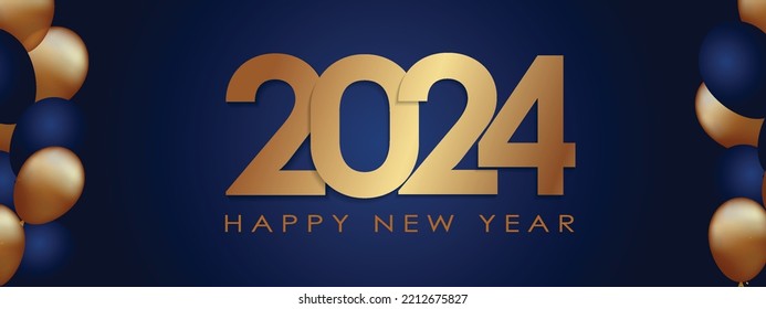 Happy New Year 2024 Elegant gold text with balloons and confetti. Realistic vector illustration	