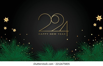 Happy New Year 2024 Elegant gold text with balloons and confetti. Realistic vector illustration	