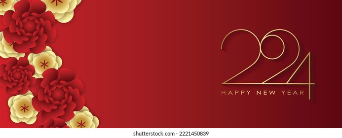 Happy New Year 2024 Elegant gold text with balloons and confetti. Realistic vector illustration