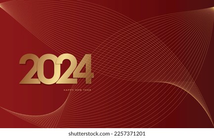 Happy New Year 2024 Elegant gold text with balloons and confetti. Realistic vector illustration	