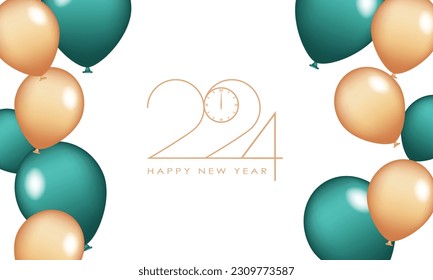 Happy New Year 2024 Elegant gold text with balloons and confetti. Realistic