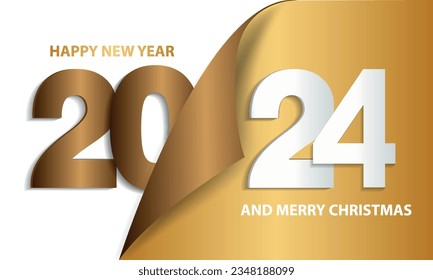 Happy New Year 2024 Elegant gold text with balloons and confetti. Realistic vector