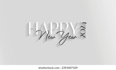 Happy New Year 2024 with elegant white and grey color calligraphic text typography Greetings Design for Festive Banner, Poster, Wallpaper, Brocher and Social Media Cover.