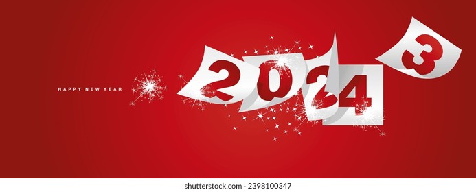 Happy new year 2024 and the end of 2023. Winter holiday greeting card design template on red background. New year 2024 and the end of 2023 on red white calendar sheets and sparkle firework