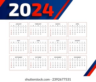 happy new year 2024 english calendar template a office stationery vector