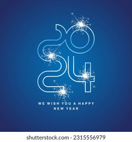 Happy New Year 2024 eve ultra modern neon line design numbers typography white blue icon logo with sparkle firework