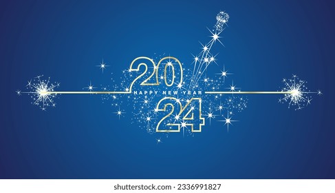 Feliz Año Nuevo 2024 diseño de víspera cargando fuego brillante champán abierto champán dorado vectores azul blanco papel de pared tarjeta de saludo