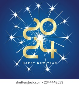 Happy New Year 2024 eve ultra modern design numbers typography with big sparkle firework gold white blue icon logo button