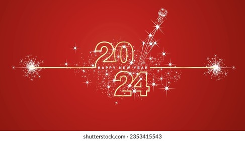 Happy New Year 2024 eve line design loading sparkle firework open champagne golden white red vector wallpaper greeting card